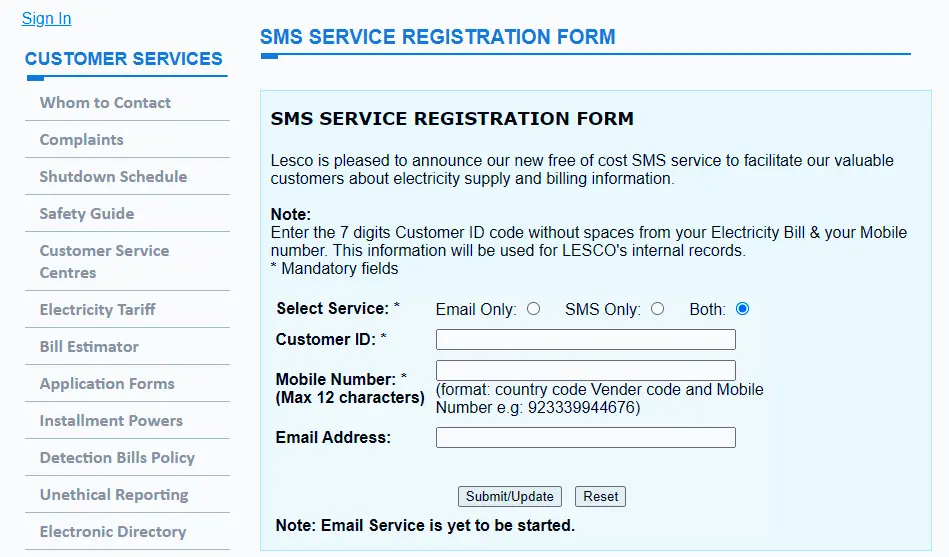 SMS Service Registration Form