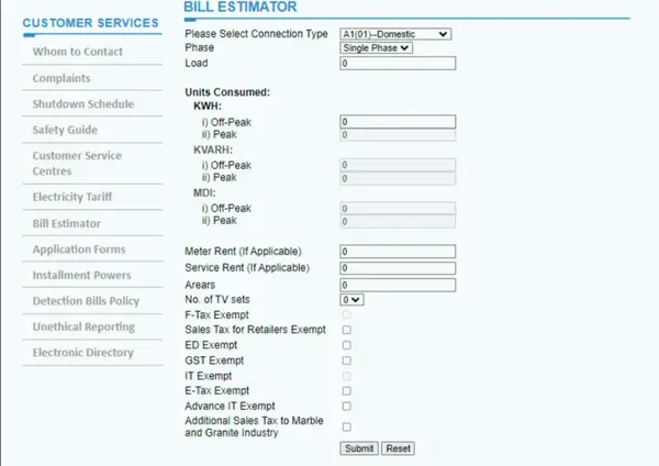 LESCO Bill Calculator Form